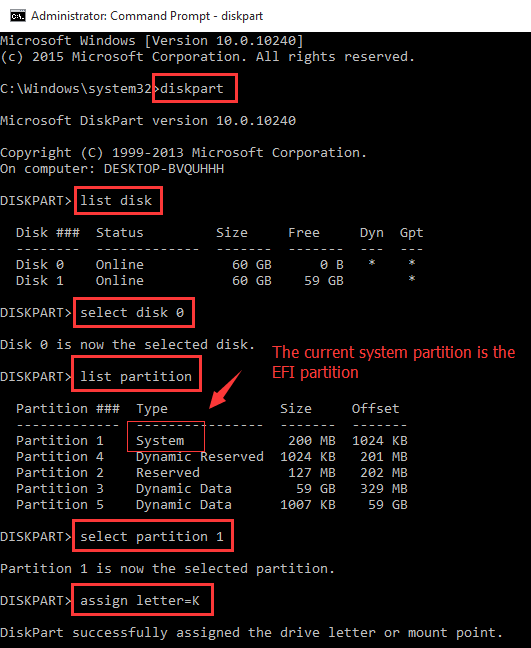 Assign drive letter for EFI partition